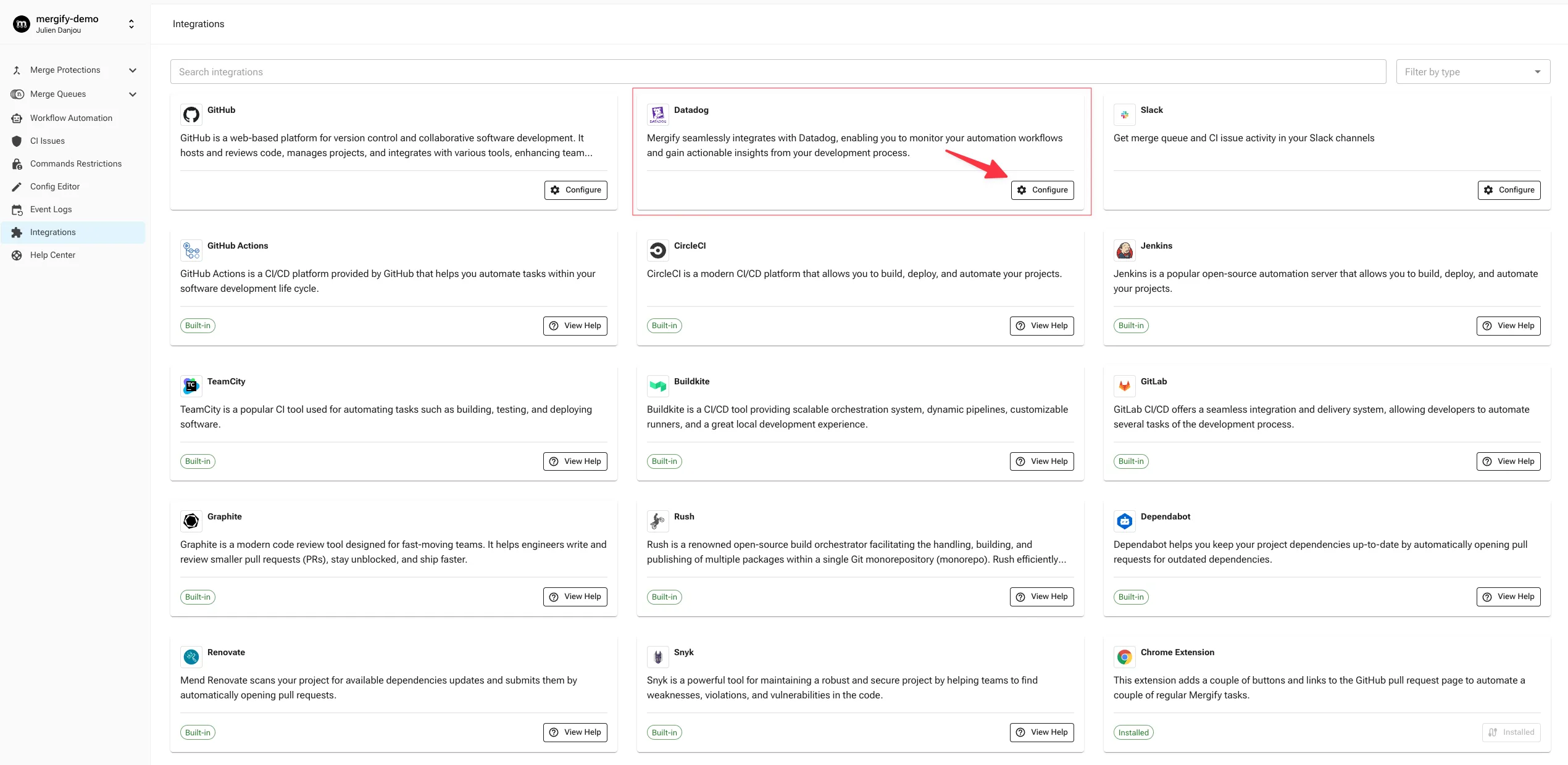 Mergify Integration page